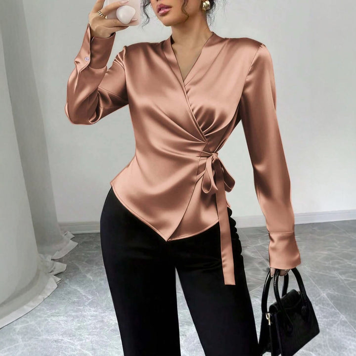 Damen Satin-Wickelbluse mit V-Ausschnitt, Taillengürtel und schmalem Manschettenärmel Drune