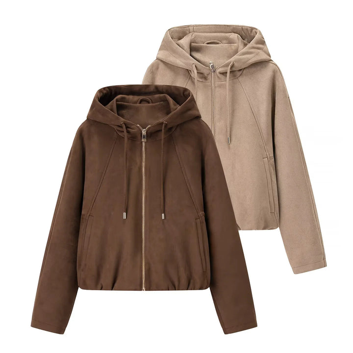 Damen nan kastige Veloursimitat-Kapuzenjacke mit verdecktem Reißverschluss und elastischem Saum Drune
