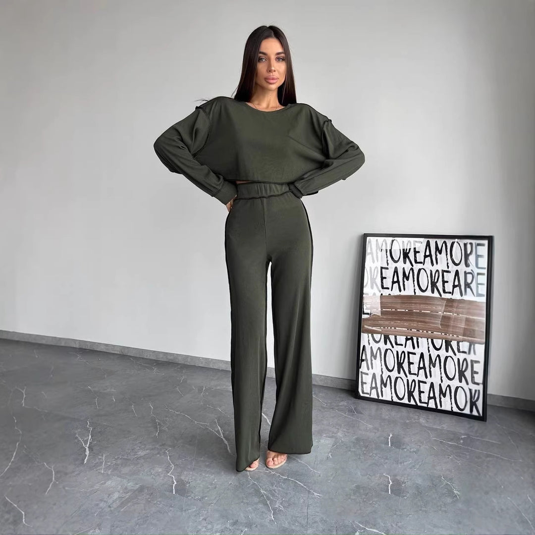 Damen Cropped Oversized-Sweatshirt mit Overlocknähten und High-Waist ausgestellter Hose Set Drune