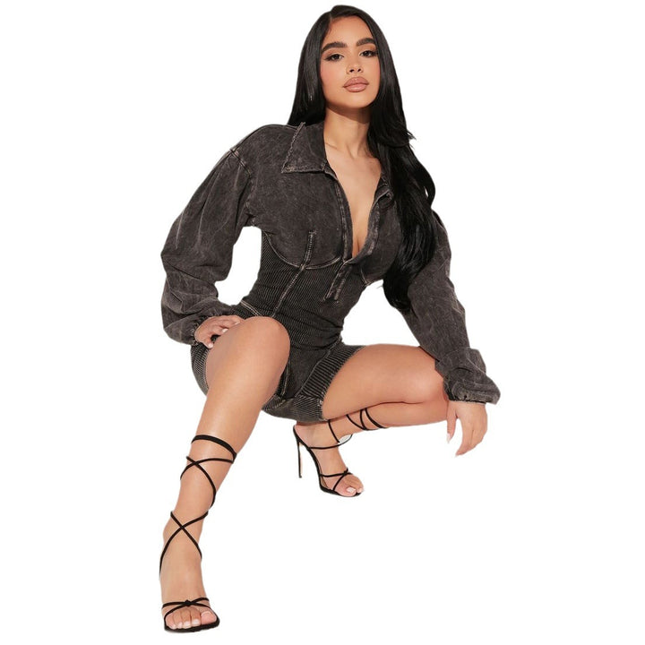 Damen Modischer Jumpsuit mit Puffärmeln und Rippstruktur Drune
