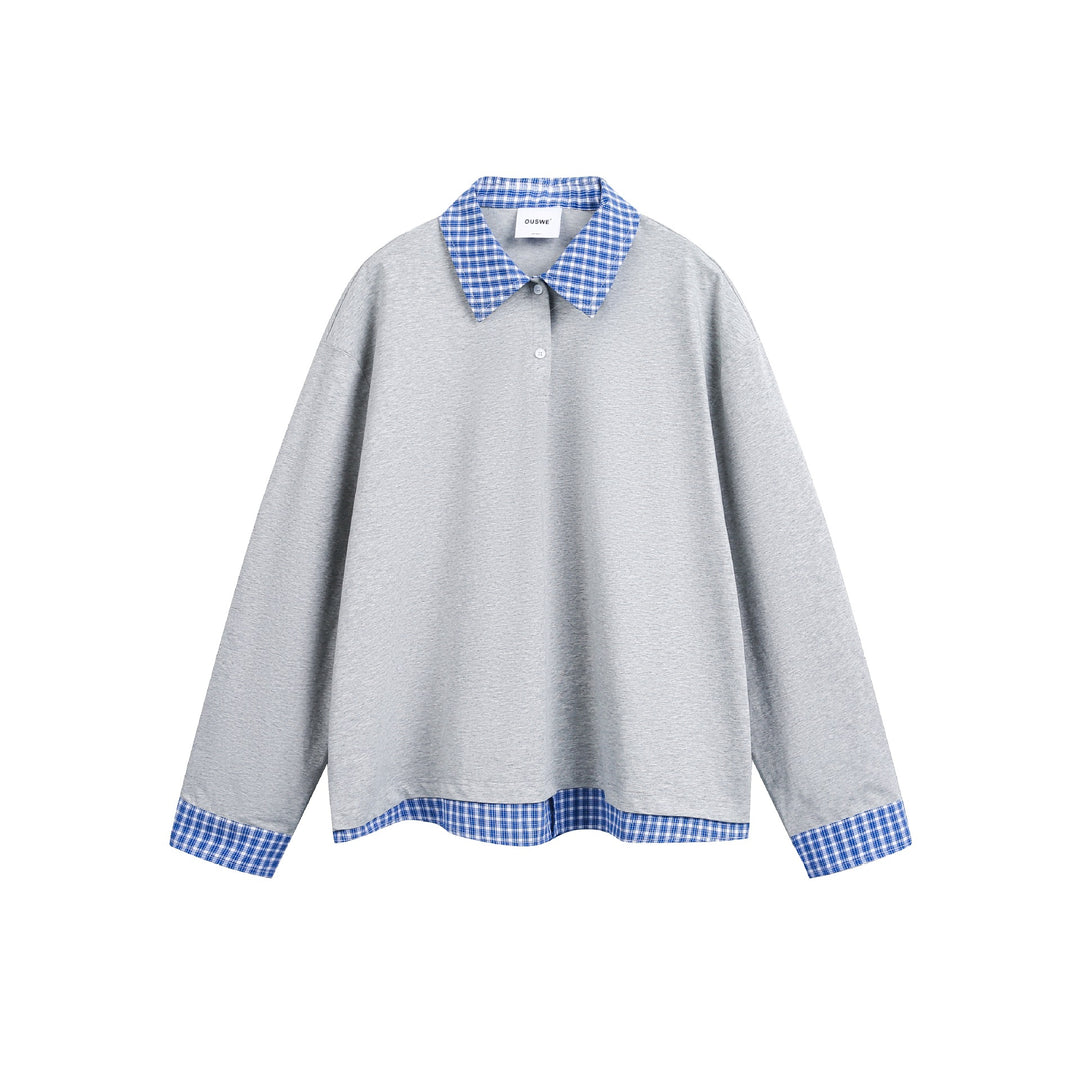 Unisex Weit geschnittener Sweatpullover mit Karokragen und Saumeinsatz Drune