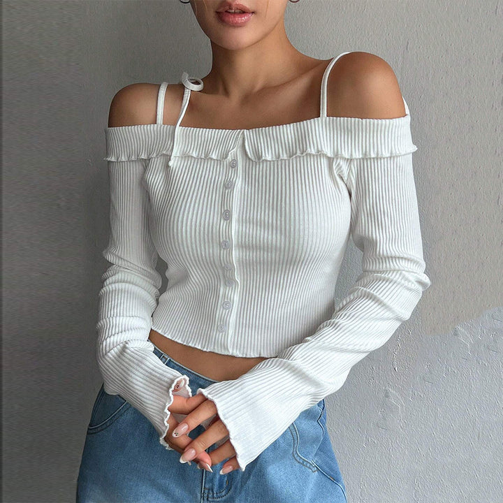 Damen geripptes schulterfreies Langarm-Cropped-Top mit Knopfleiste und Rüschensaum Drune