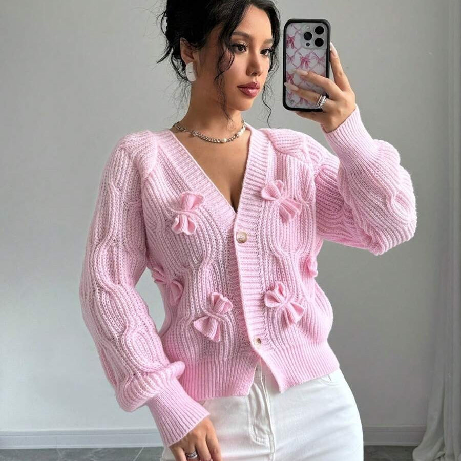 Damen Grob gestrickte Cardigan mit Blumenverzierungen und V-Ausschnitt Drune