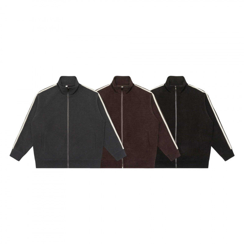 Unisex Oversize-Teddyfleece-Zippjacke mit Stehkragen und Kontraststreifen Drune