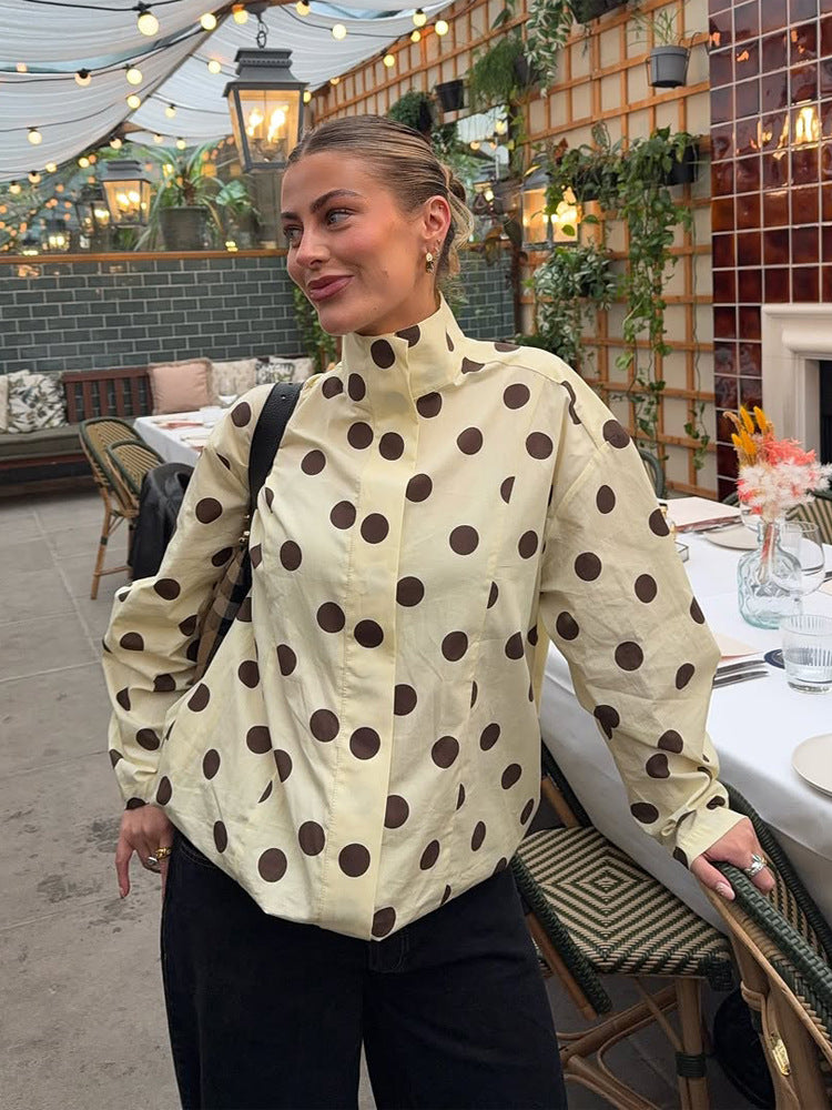 Damen Boxy Hemdjacke mit Stehkragen, Ballonärmeln und großem Polka‑Dot‑Print Drune