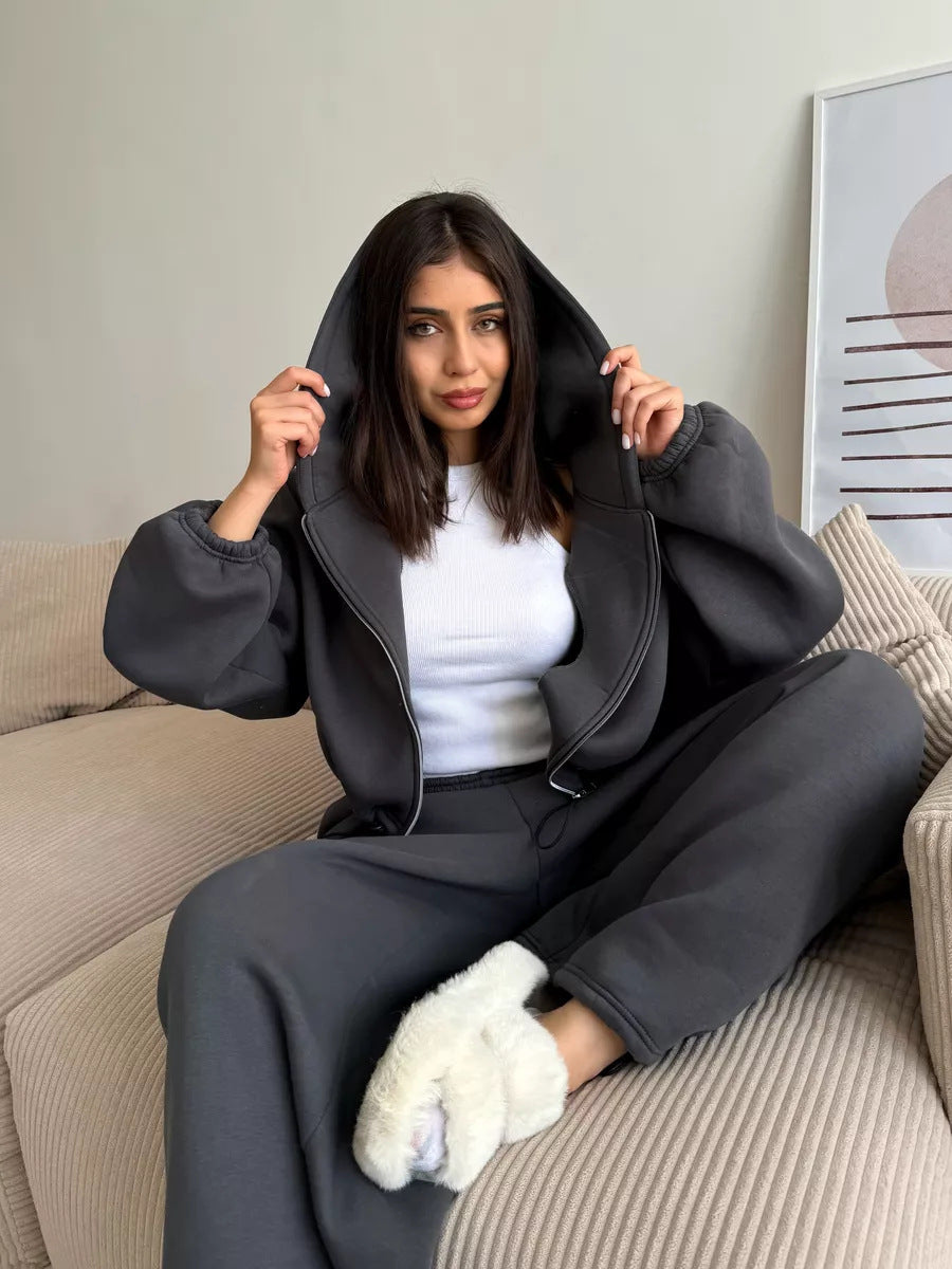 Damen kurzes Kapuzenzipper-Lounge-Set mit oversized Ärmeln und weitem Jogginghose-Schnitt Drune