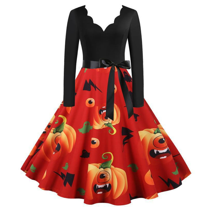 Damen Vintage Swing Kleid mit Halloween-Kürbis-Print und Taillengürtel Drune