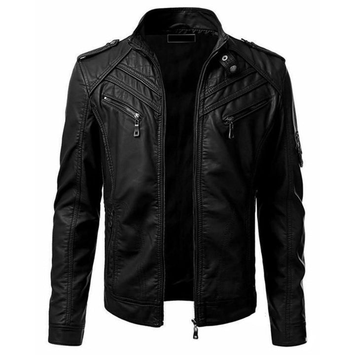 Herren Kunstleder-Bikerjacke mit Stehkragen, Ziernähten und Reißverschlusstaschen Drune