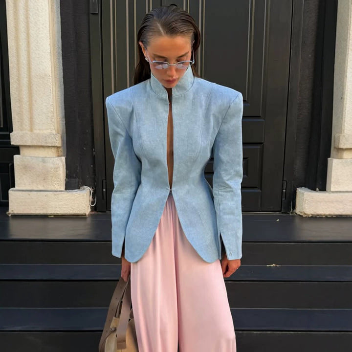 Damen taillierter Stehkragen-Blazer mit verdecktem Hakenverschluss und geschwungenem Saum Drune