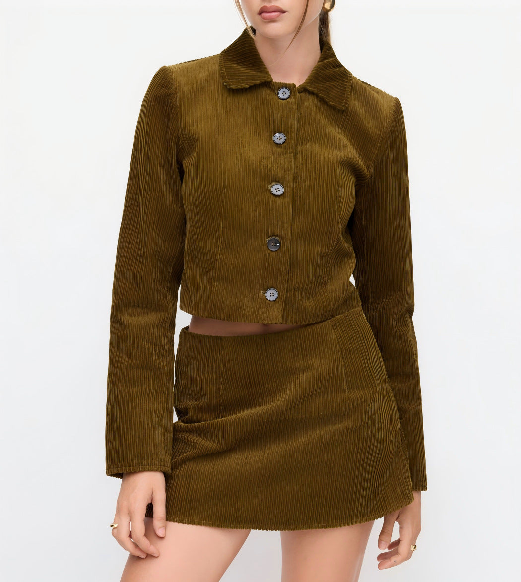 Damen Plissierte Kurzjacke mit Hemdkragen und umgeschlagenen Manschetten Drune