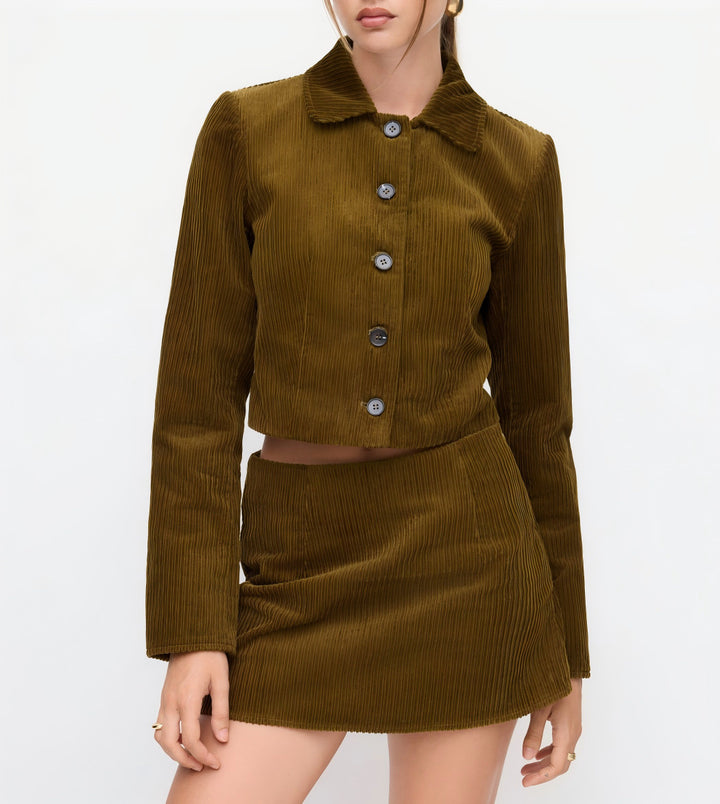 Damen Plissierte Kurzjacke mit Hemdkragen und umgeschlagenen Manschetten Drune
