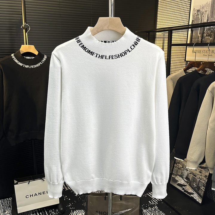 Unisex Feinstrickpullover mit kurzem Stehkragen und kontrastierendem Schriftkragen Drune