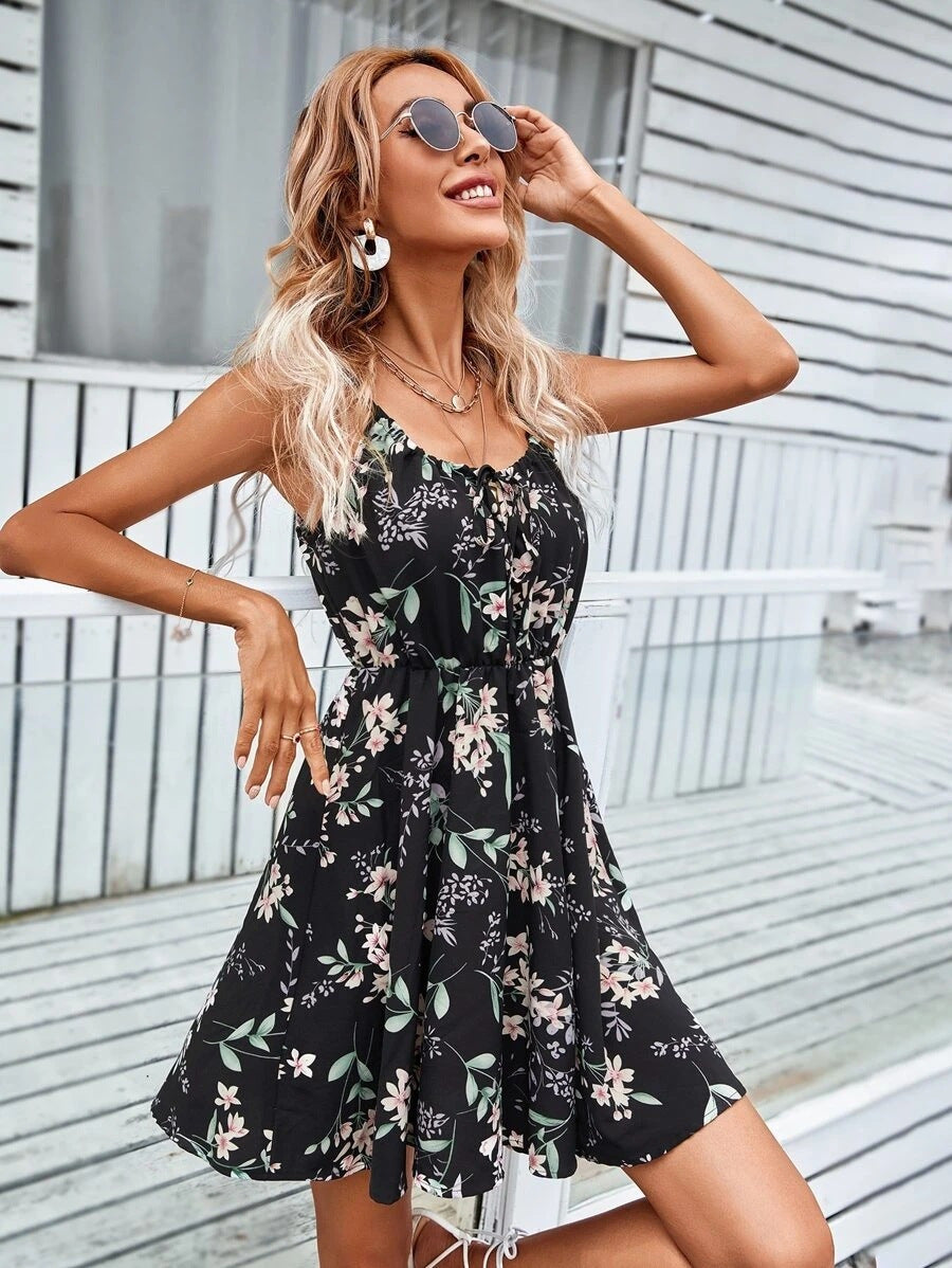 Damen Florales Sommerkleid mit Spaghettiträgern und tailliertem A-Linien-Schnitt Drune