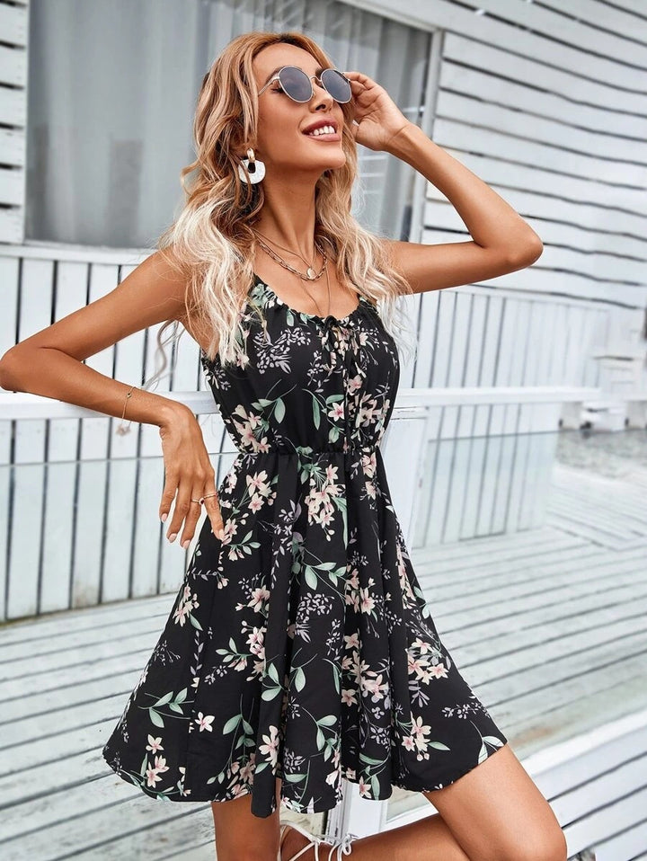 Damen Florales Sommerkleid mit Spaghettiträgern und tailliertem A-Linien-Schnitt Drune