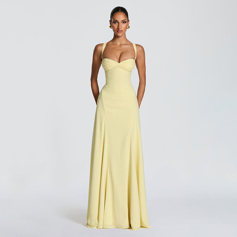 Damen Elegantes Maxikleid mit fein gerafftem Oberteil und Spaghettiträgern Drune