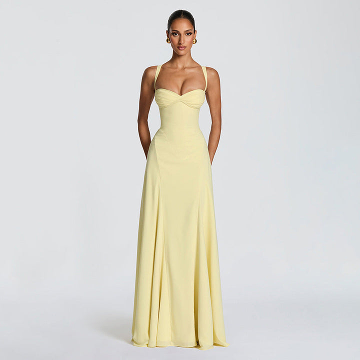 Damen Elegantes Maxikleid mit fein gerafftem Oberteil und Spaghettiträgern Drune