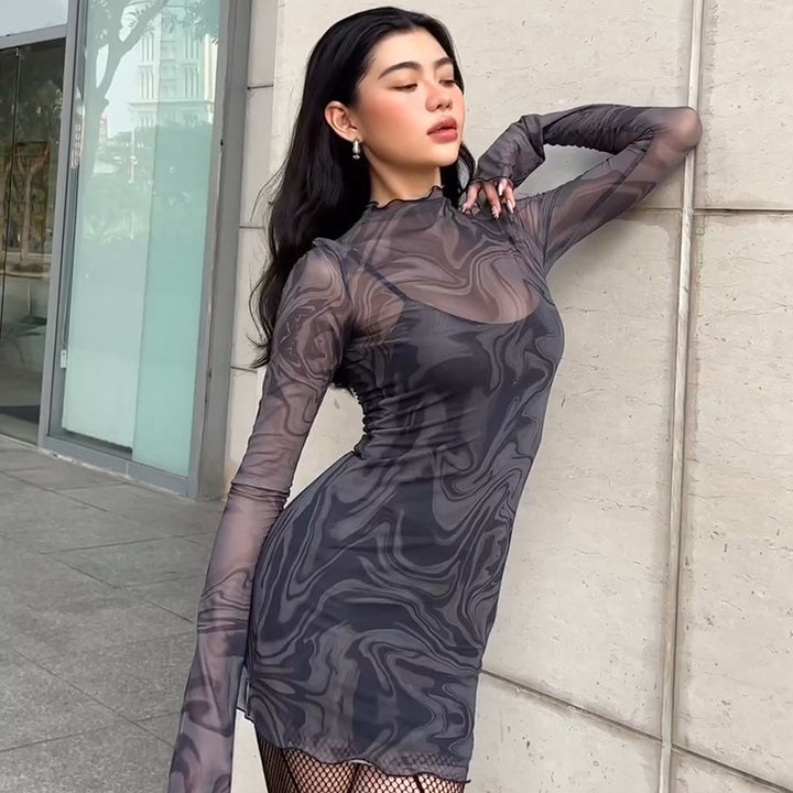 Damen figurbetontes Netzkleid mit marbled Effekt Drune
