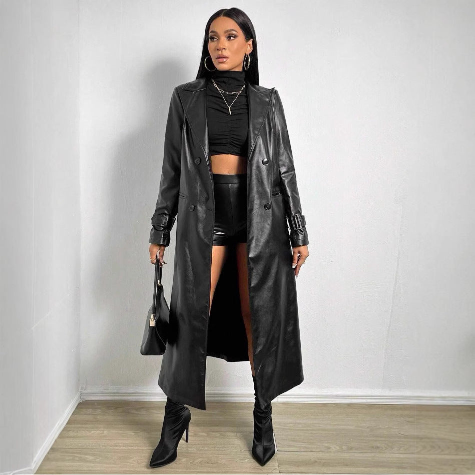 Damen Eleganter und modischer Trenchcoat aus Kunstleder Drune