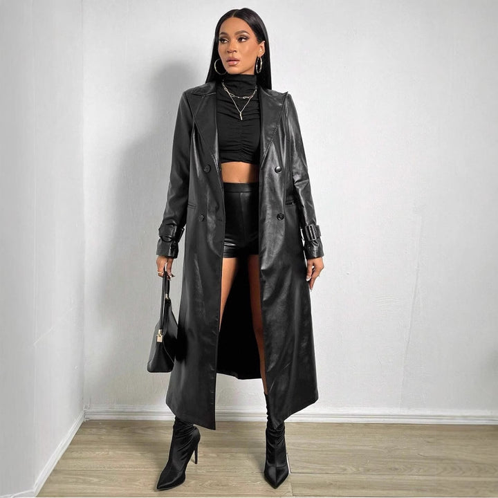 Damen Eleganter und modischer Trenchcoat aus Kunstleder Drune