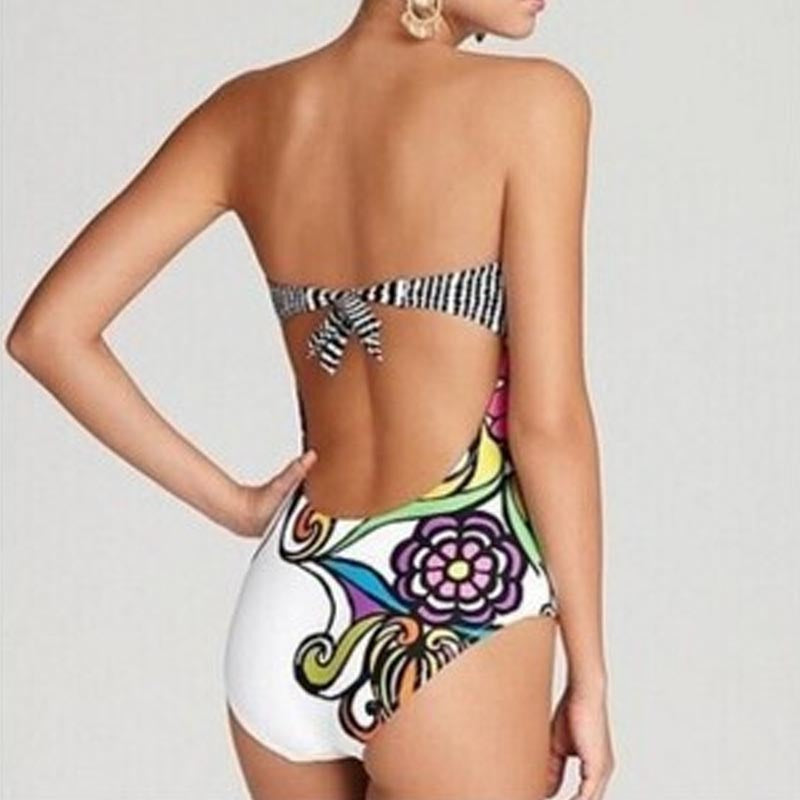 Damen Bandeau Badeanzug mit verschlussfreier Vorderseite und buntem Floral-Muster Drune