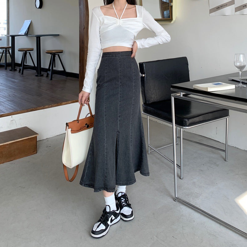 Damen Flared Denim-Rock mit hohem Schlitz Drune