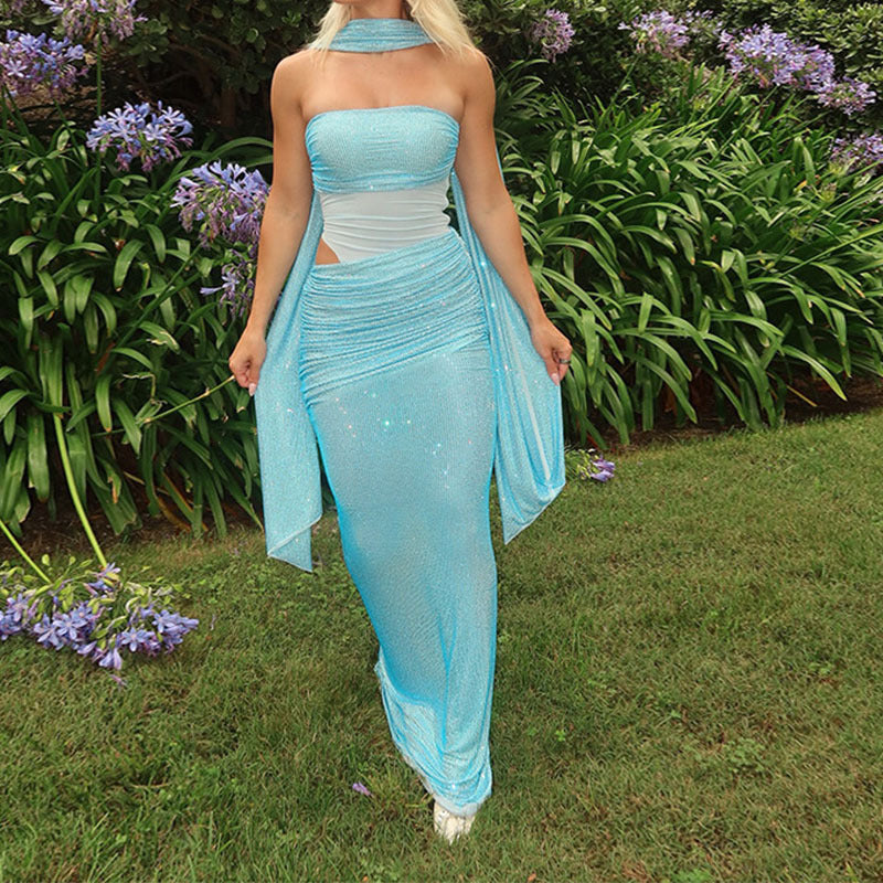 Damen Glamouröses Abendkleid mit schulterfreiem Design und funkelnden Details Drune