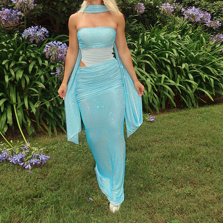 Damen Glamouröses Abendkleid mit schulterfreiem Design und funkelnden Details Drune