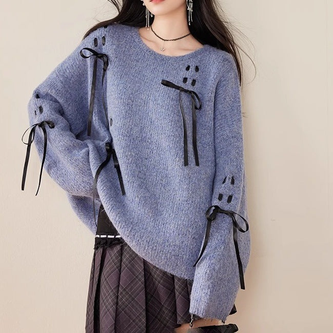 Damen kuscheliger Strickpullover mit eleganten Schleifenachsen Drune