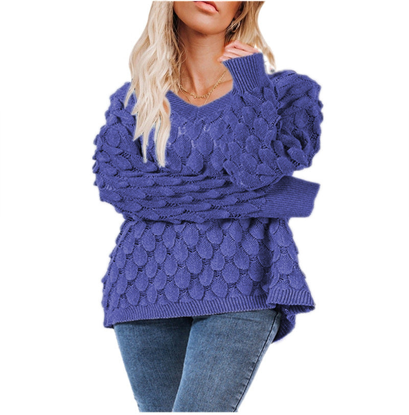 Damen Gemusterter V-Pullover mit voluminösen Ärmeln Drune