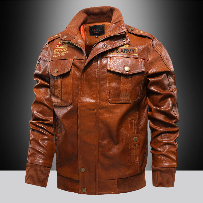 Herren Urbaner Pilot‑Lederblouson im Military‑Look mit Stehkragen und Schulterklappen Drune