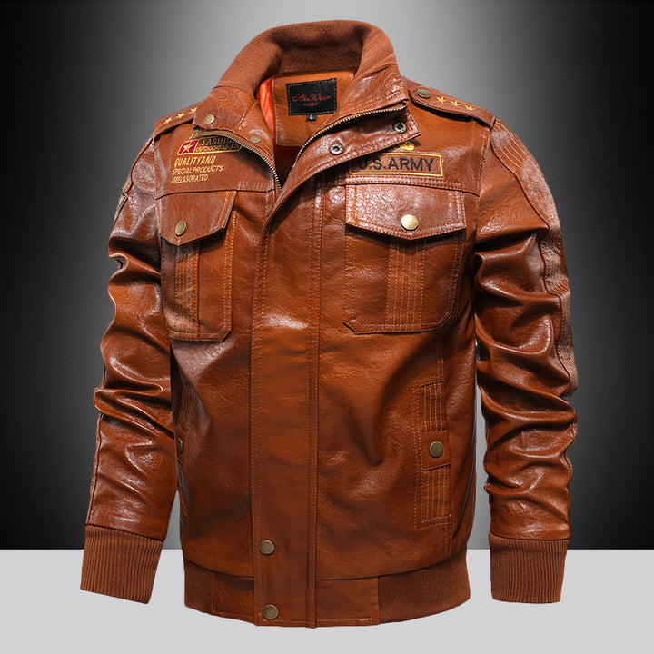 Herren Urbaner Pilot‑Lederblouson im Military‑Look mit Stehkragen und Schulterklappen Drune