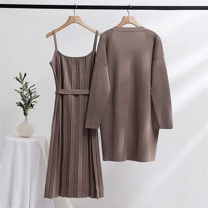 Damen elegantes und lässiges Strickkleid mit passender Strickjacke Drune