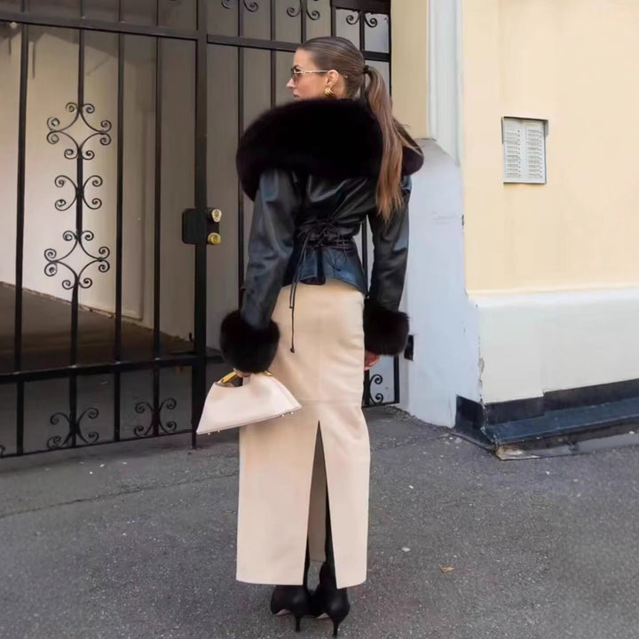 Damen Kurzjacke aus Kunstleder mit voluminösem Faux-Fur-Kragen und Fellmanschetten Drune