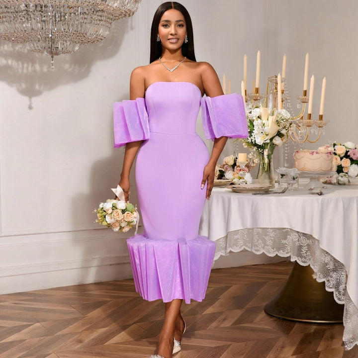 Damen Elegantes Midi-Kleid mit voluminösen Rüschenärmeln und asymmetrischem Saum Drune