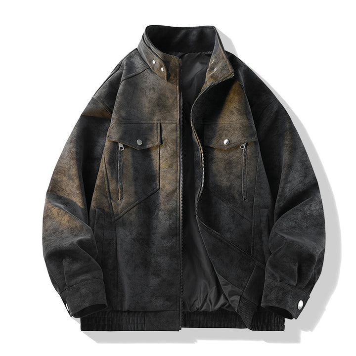 Herren Vintage-Optik Wildlederjacke mit Stehkragen, Utility-Taschen und Reißverschluss Drune
