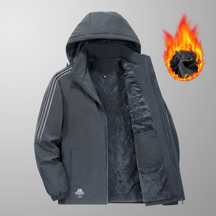 Herren Wattierte Kapuzen-Übergangsjacke mit gesteppter Teddy-Innenfütterung und markanten Ärmellängsstreifen Drune