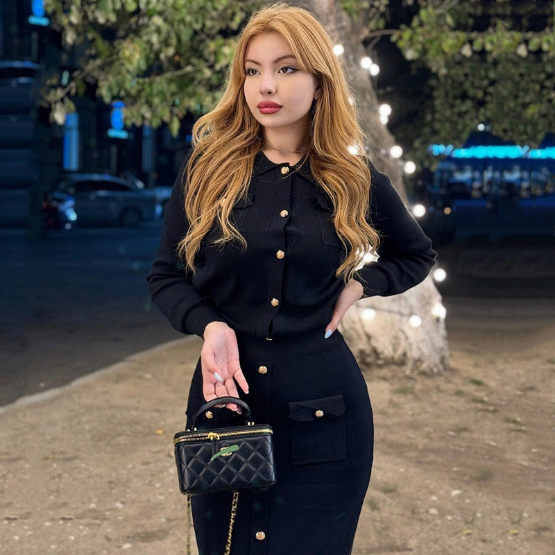 Damen strukturiertes Strickensemble mit dekorativen Taschen und Knopfleiste Drune