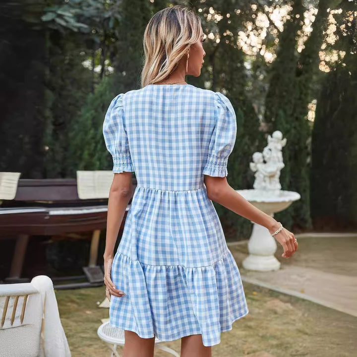 Damen Gingham-Kleid mit Volant und Puffärmeln Drune