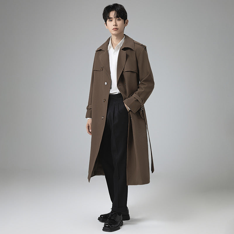 Herren Moderner Maxilanger Doppelreihiger Trenchcoat mit klassischem Revers und verstellbaren Manschetten Drune