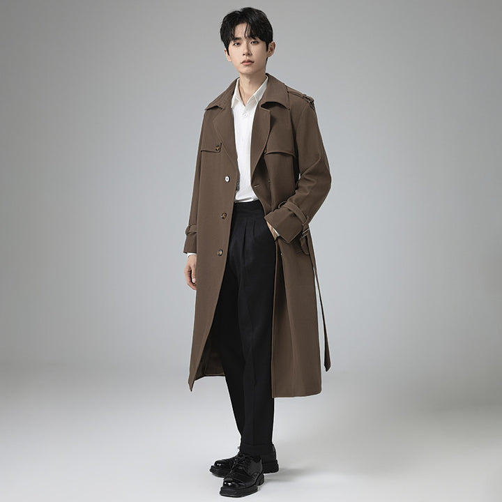 Herren Moderner Maxilanger Doppelreihiger Trenchcoat mit klassischem Revers und verstellbaren Manschetten Drune