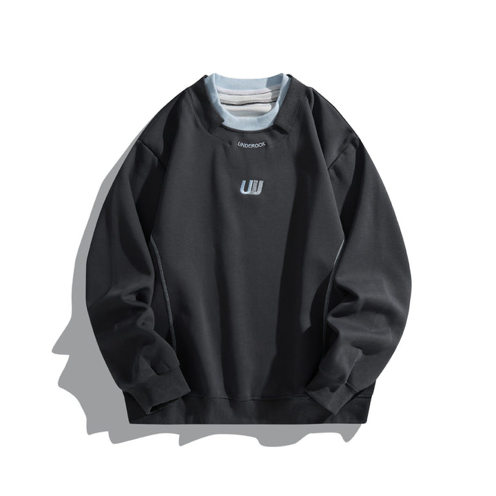 Unisex Lockeres Sweatshirt mit Kontrastkragen, sichtbaren Flatlocknähten und Logo-Stick Drune