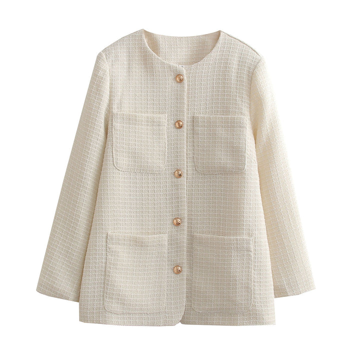 Damen Bouclé-Tweed Blazerjacke mit Rundhals und aufgesetzten Taschen Drune