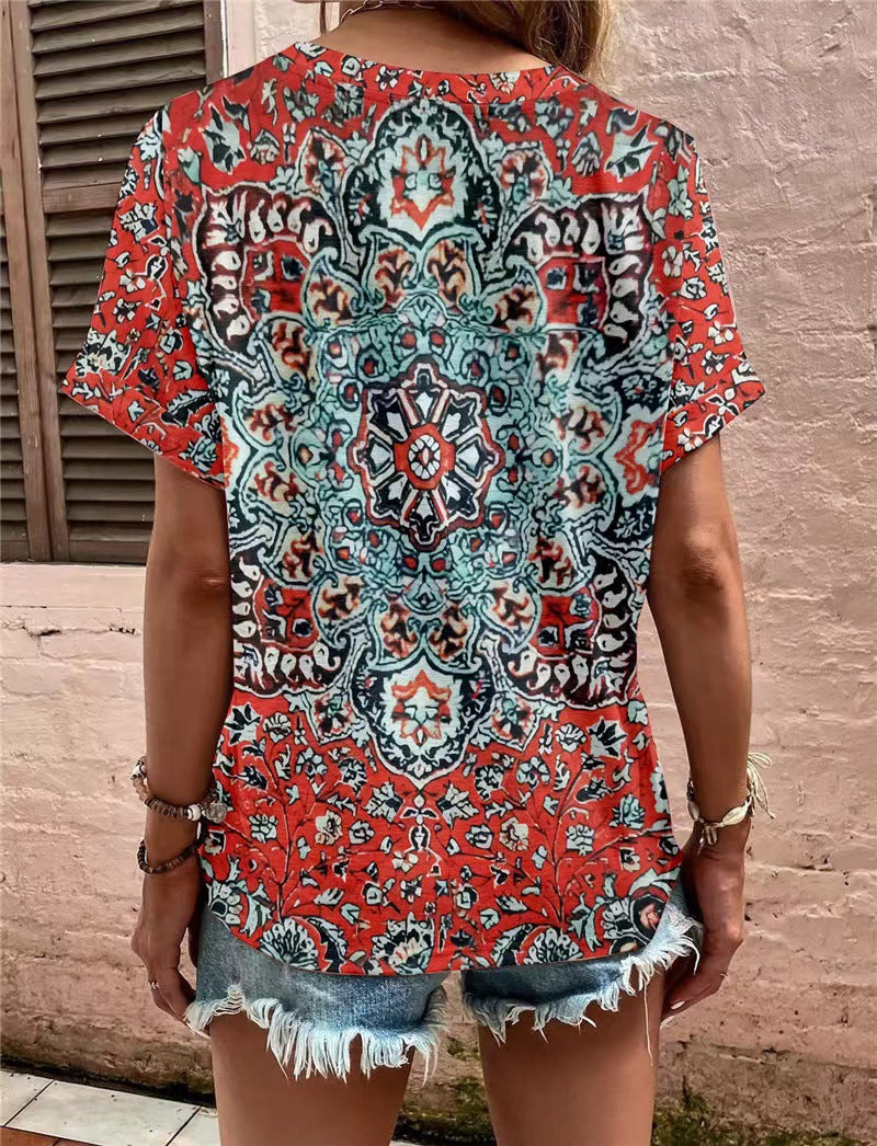 Damen Kurzarm Bluse mit dekorativem Musterdruck und knöpfbarem Ausschnitt Drune