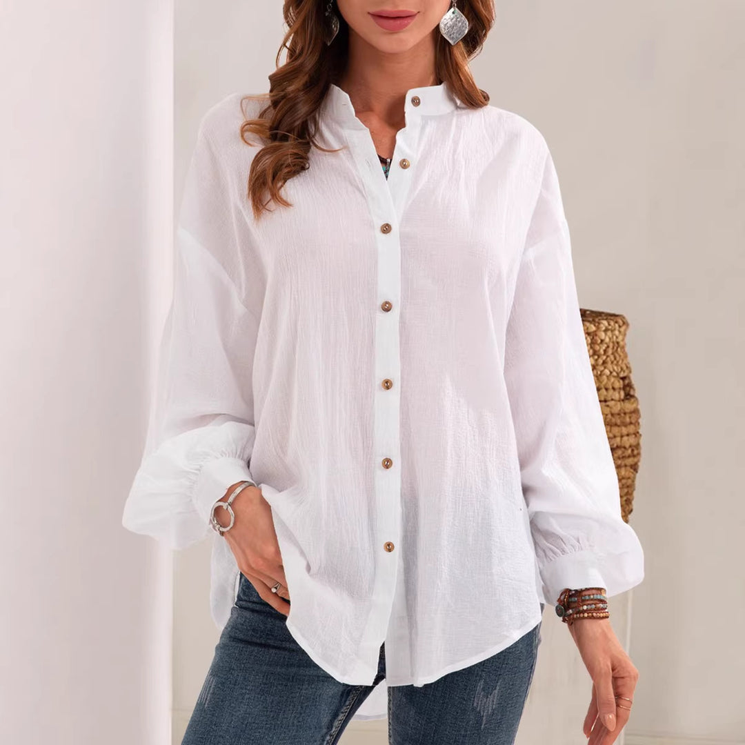 Damen Lose Crinkle Bluse Top mit Stehkragen und Ballonärmeln Drune