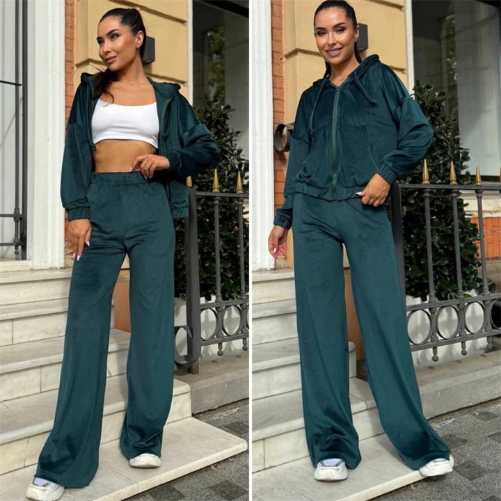 Damen Velours-Zip-Kapuzenjacke mit Marlene-Jogginghose Lounge-Set Drune