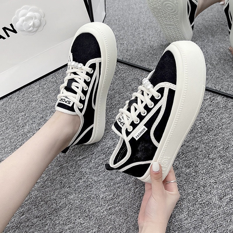Damen modische Sneaker mit trendiger Perlenschnürung und robuster Gummisohle Drune