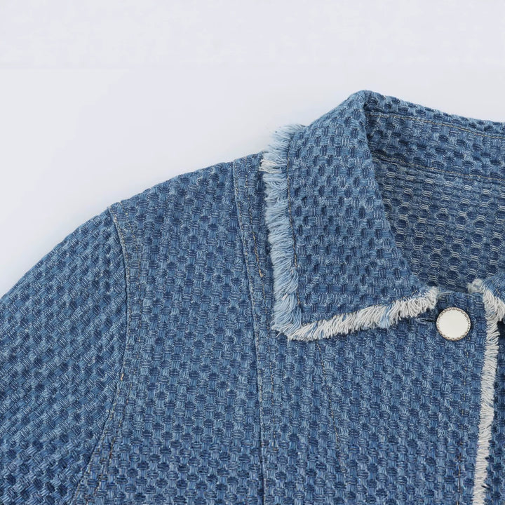 Damen Kurz geschnittene Bouclé-Tweed-Boxy-Jacke mit Fransenbesatz und aufgesetzten Klappentaschen Drune