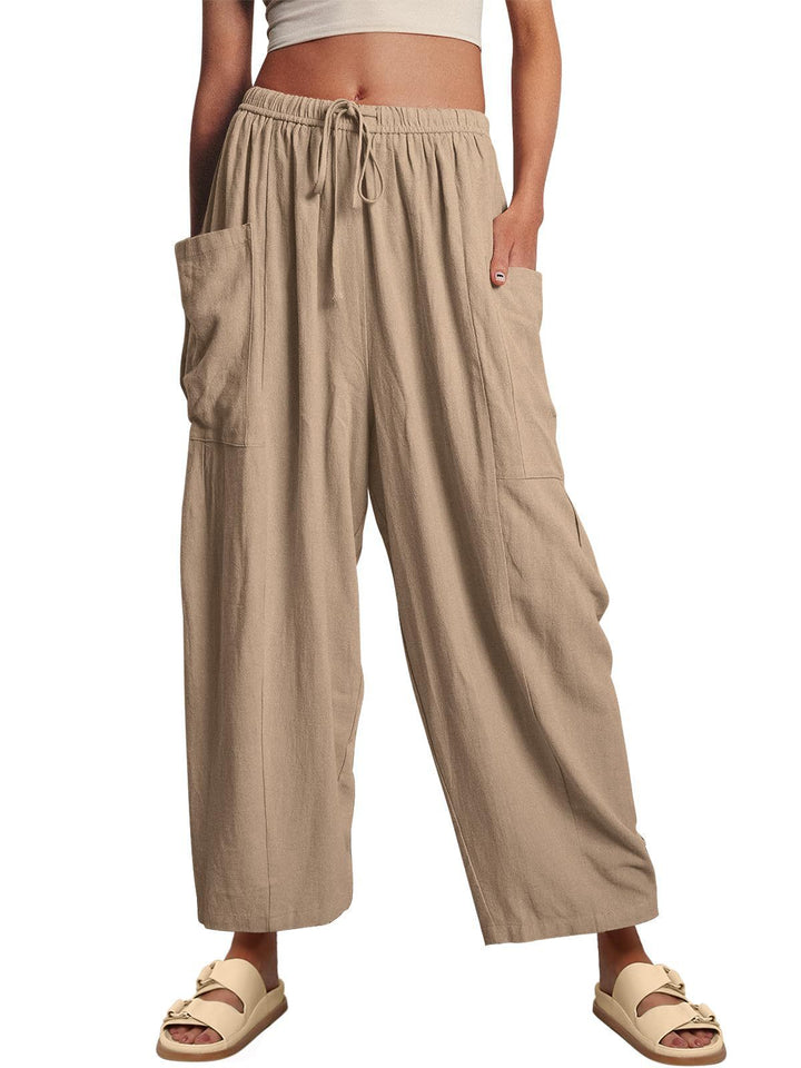 Damen nan weite Palazzohose aus leichtem Leinenmix mit Tunnelzug und seitlicher Tasche Drune