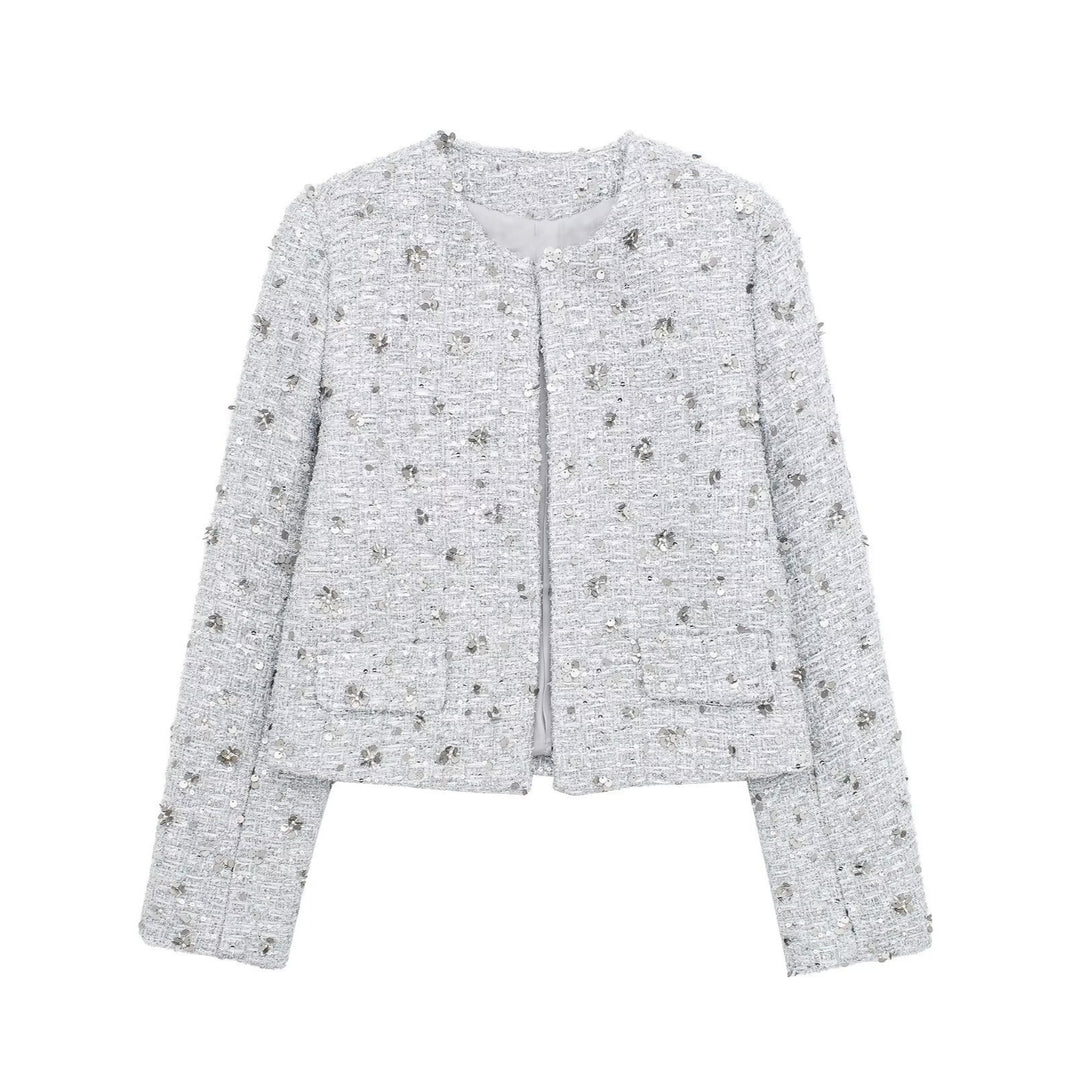 Damen nan kurz geschnittene Bouclé‑Tweedjacke mit floraler Pailletten‑Applikation und offener Front Drune