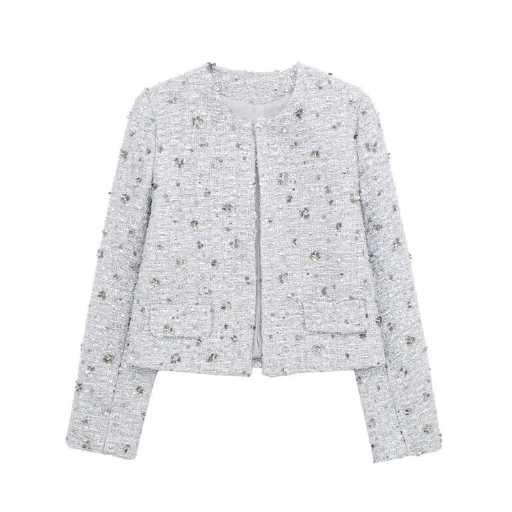 Damen nan kurz geschnittene Bouclé‑Tweedjacke mit floraler Pailletten‑Applikation und offener Front Drune